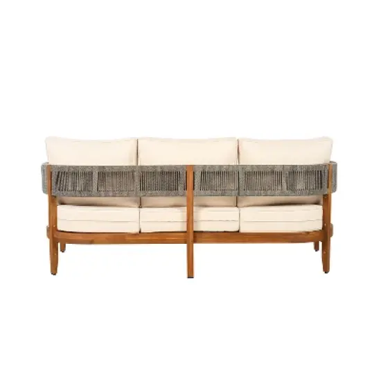 Christopher Knight Home Robin 76" Patio Rustic Rope Weave Acacia Wood 3-Seater Sofa with Cushions image {5}