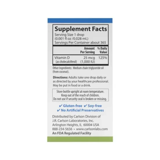 Carlson - Super Daily D3 1000 IU (25 mcg) per Drop, Vitamin D Drops, Vegetarian, Unflavored image {3}