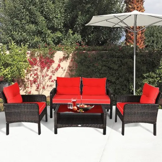 Tangkula 4 Piece Patio Conversation Set Rattan Wicker Loveseat Sofa Coffee Table & Glass Top Red/Turquoise Cushions image {2}