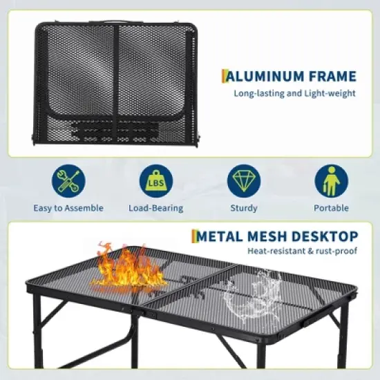 Orieon 3x2FT Folding Grill Table, Portable Camping Table with Mesh Top, Height Adjustable Lightweight Metal Table for Outdoor BBQ, Picnic & Travel image {2}
