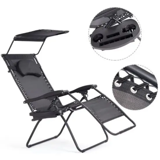 Costway Folding Recliner Zero Gravity Lounge Chair W/ Shade Canopy Cup Holder Black image {7}