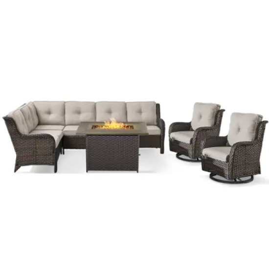 POCASSY Patio Furniture Set With Fire Pit Table, Brown Wicker Outdoor Living Set, Patio Sectional Sofa, Patio Swivel Chair And Propane Fire Pit image {14}