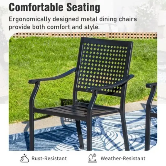 Captiva Designs 7pc Patio Wood-look Steel Dining Table with Umbrella Hole & Stackable Chairs with Bull's Eye Pattern image {6}