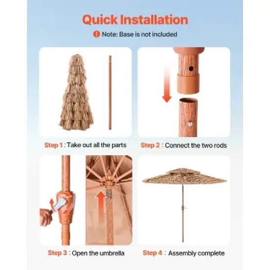VEVOR Tiki Umbrella, 9 ft Thatched Patio Umbrella with Tilt, 2-Tier Hawaiian Style Beach Parasol with PP Thatch and 8 Metal Ribs, Original Color image {5}