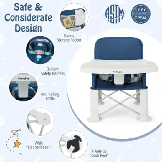 Safstar Baby Travel Booster Seat, Portable Folding Toddler Floor Dining Chair with Removable Swivel Double Tray, 3-Point Safety Belt, Carry Bag image {2}