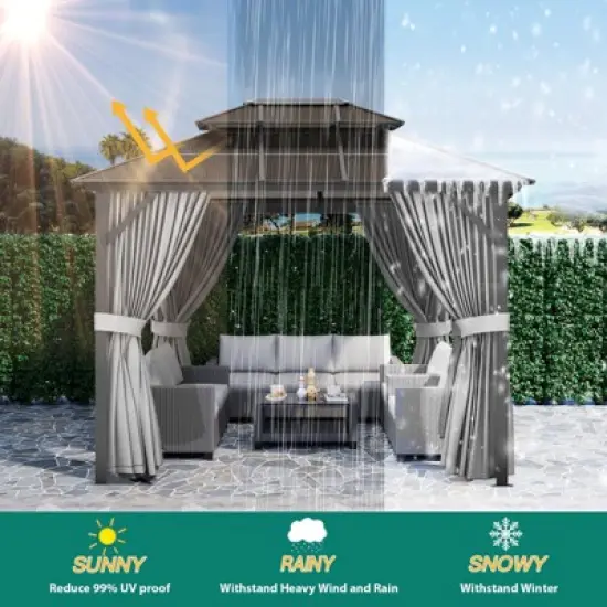 10' x 10' Aluminum Hardtop Gazebo with Galvanized Steel Double Roof Canopy, Outdoor Pergola with Curtains and Netting for Patio Backyard Deck, Grey image {1}