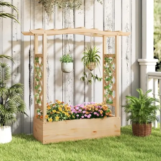 Tangkula Wooden Raised Garden Bed w/ Trellis & Hanging Roof Planter Box Drainage System image {3}