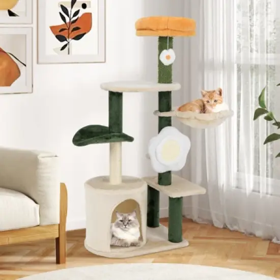 Costway 45" Tall Cute Flower Cat Tree Modern Tower w/ Plush Top Perch Pet Furniture Activity Center image {3}