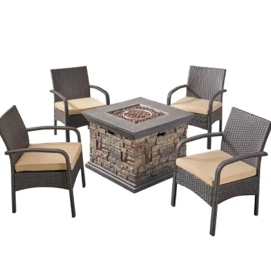 GDFStudio Kilburn Outdoor Wicker 5 Piece Club Chair and Fire Pit Set with Cushion image {11}