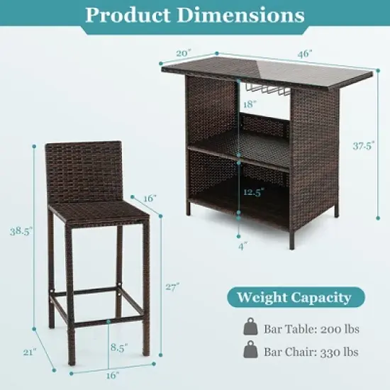 Costway Patio 3PCS Wicker Bar Set Height Table Two Stools with 3 Rows Stemware Racks Garden image {2}