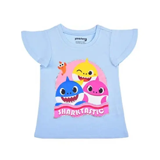 Nickelodeon Girl's 3-Pack Baby Shark Ruffle Sleeve Tee, Sleeveless Shirt and Casual Shorts Set For Toddlers image {4}