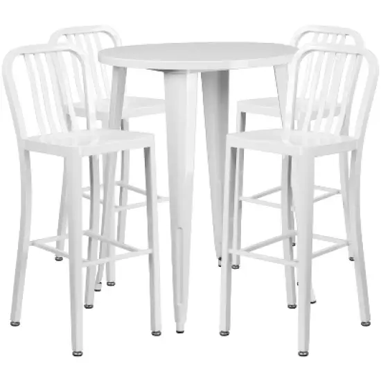 Emma and Oliver Commercial 30" Round Metal Indoor-Outdoor Bar Table Set & 4 Slat Back Stools image {5}