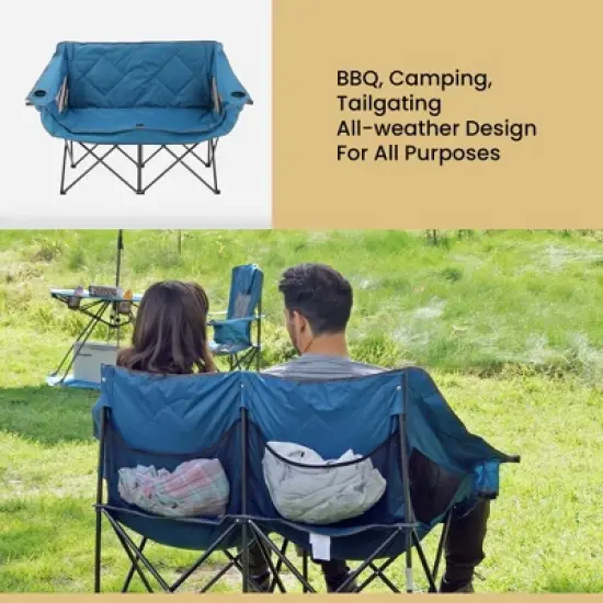 Arrowhead Outdoor Portable Folding Double Duo Camping Chair Loveseat Couch w/ 2 Cup & Wine Glass Holder, Supports up to 500lbs (Ocean Blue) image {5}