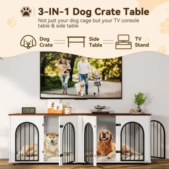 71" Large Dog Crate Furniture for 2 Dogs, Wooden Double Dog Crate with Door, Indoor Dog Kennel TV Stand with Divider and Cushion for Large Medium Dogs image {5}