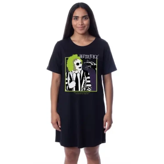 Beetlejuice Womens' Minimalist Character Logo Nightgown Sleep Pajama Shirt Black image {3}