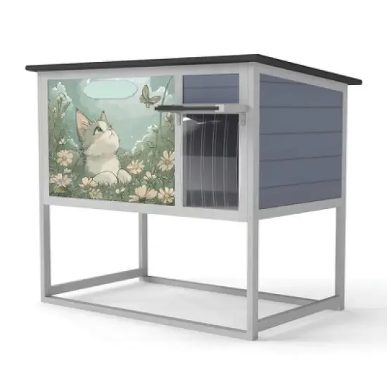 Resenkos Elevated Cat Shelter, Weatherproof Feral Home With High Legs, Curtained & Escape Door, Openable Top, Gray image {1}