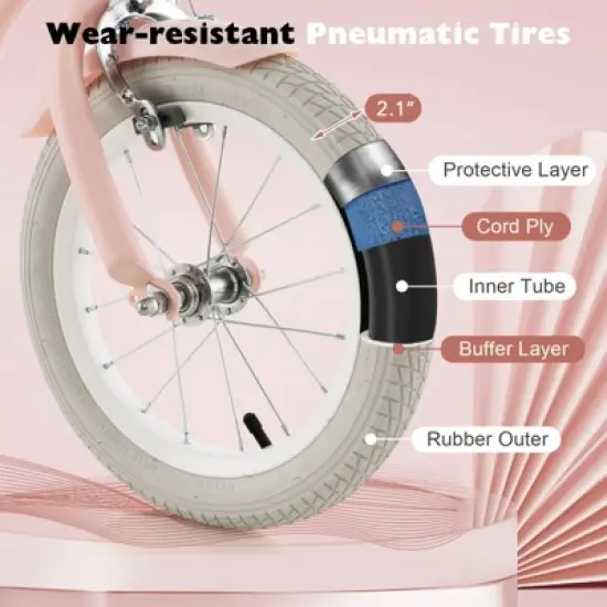 Costway 14'' Kid's Bike with Removable Training Wheels & Basket for 3-5 Years Old Pink/Blue image {6}