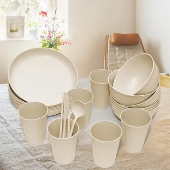 Itopfox Wheat Straw Dinnerware Sets - 42 Piece Unbreakable Plates, Bowls, Cups & Utensils for 6, Lightweight & Durable, Dishwasher & Microwave Safe image {5}