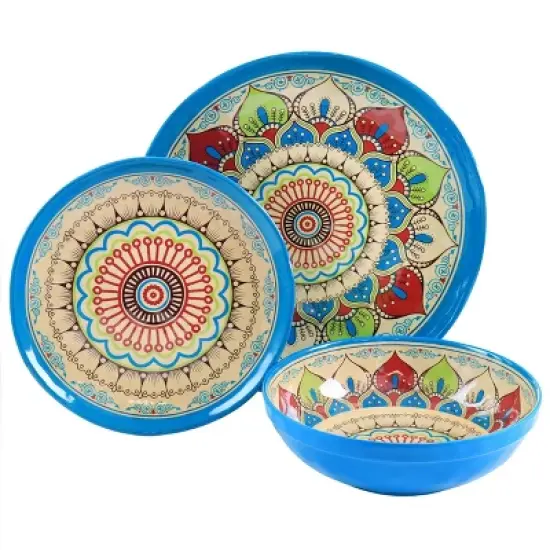 12pc Camilla Melamine Dinnerware Set - Elama: Off-White Medallion Pattern, Service for 4, Dishwasher-Safe, Includes Plates & Bowls image {1}