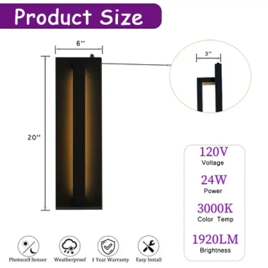 ALOADECOR 1-Light H20 in Minimalist Modern Linear Integrated LED Outdoor Wall Sconce with Dusk to Dawn in Matte Black for Porch Patio (&uml;2 Pack) image {3}