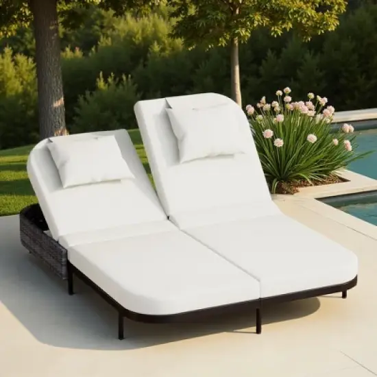 Outdoor Patio Iron Frame Double Daybed Sunbed with 5-Position Adjustable Backrest and Pillows image {14}