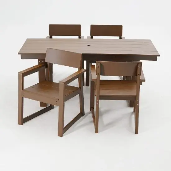 FIONECA 5-Piece HDPE Outdoor Dining Set with Umbrella Hole &uml;C Weather-Resistant Patio Table & 4 Armrest Chairs, Brown image {5}