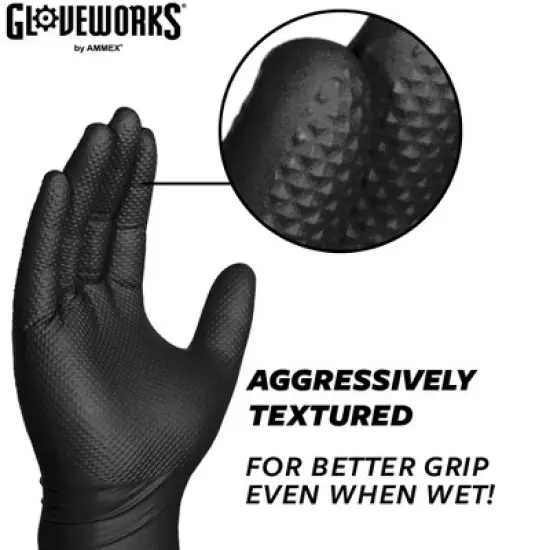 GLOVEWORKS Black Nitrile Gloves with Raised Diamond Texture- Medium Duty, Industrial Grade - Great for Auto Detailing, Food Service, and Cleaning image {3}