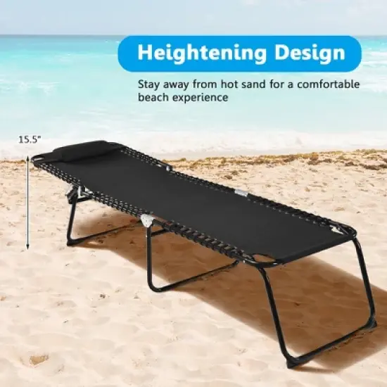 Costway Folding Beach Lounge Chair Heightening Design Patio Lounger w/ Pillow Black\Grey image {3}