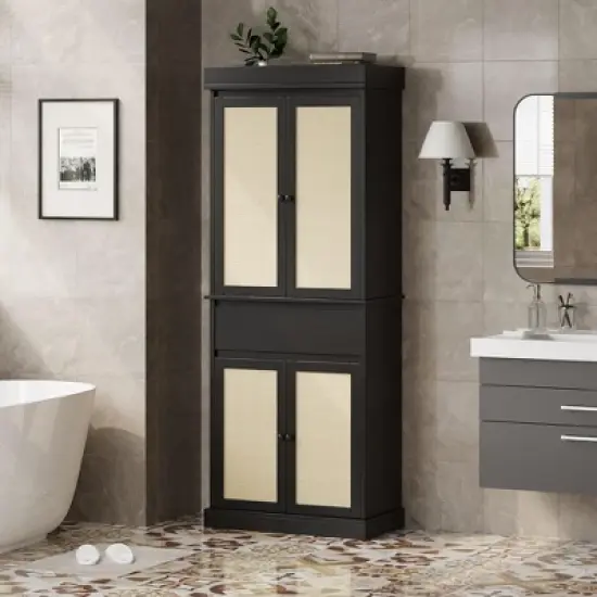 Tall Pantry Cabinet, Rattan Storage Cabinet with Doors & Drawers, Adjustable Shelves, 69 Inch Freestanding Cupboard for Bathroom Dining Room Living image {4}