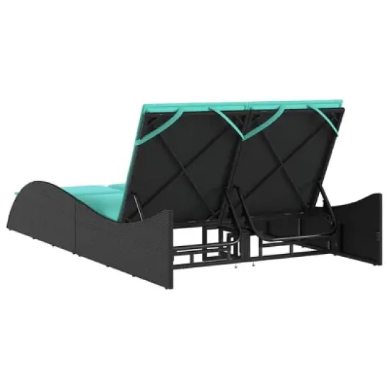 vidaXL Sun Lounger - Black Poly Rattan, Blue Cushions, Adjustable, Garden/Patio Outdoor Chaise daybed, 3-Position backrest, Removable Covers image {5}