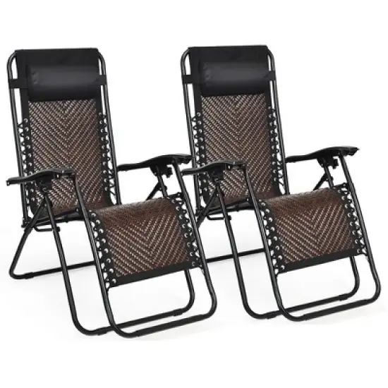Costway 2PCS Patio Rattan Zero Gravity Lounge Chair Folding Recliner Headrest Mix Grey\Mix Brown image {7}