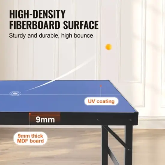 VEVOR Ping Pong Table, Mid-Size Table Tennis Game, Indoor MDF Table Tennis Table, Foldable Portable Complete Ping Pong Table Set with Net, 2 Paddles image {4}