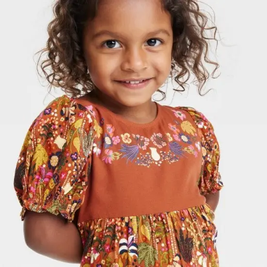 Latino Heritage Month Toddler Puff Short Sleeve Shift Dress - Orange Floral image {3}