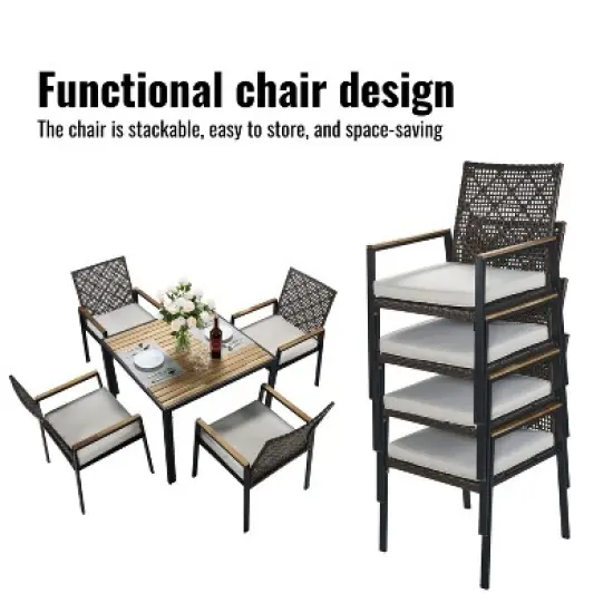 FIONECA All-Weather 5-Piece Patio Dining Set with Acacia Wood Table Top & Umbrella Hole, Coffee Brown Rattan Outdoor Conversation Set image {5}