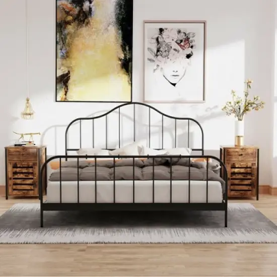 Costway 2PCS Nightstand W/ Drawer Cabinet Adjustable Shelf Industrial Side Table Rustic image {4}