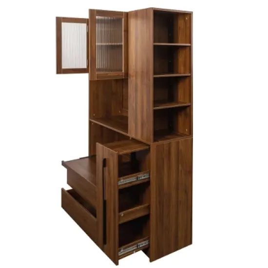 Ridstar 70.87 in. H Freestanding Kitchen Pantry Cabinet with Multi-Functional Pull-Out Shelving, 2 Drawers & Glass Door-Brown image {3}