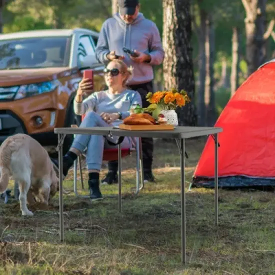 Costway Folding Camping Table Portable HDPE Outdoor Picnic Dining Table w/ Handle White\Grey image {1}
