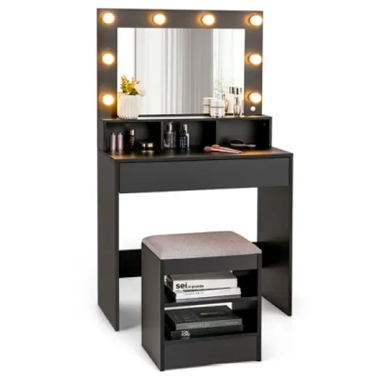 Costway Vanity Table Set with Lighted Mirror 8 LED Bulbs Large Drawer Cushion Stool image {8}