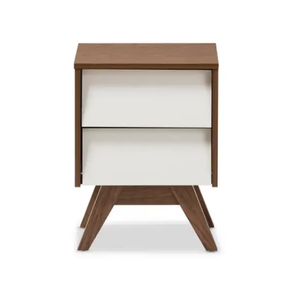 Hildon Mid - Century Modern Wood 2 - Drawer Storage Nightstand - White, "Walnut" Brown - Baxton Studio image {2}