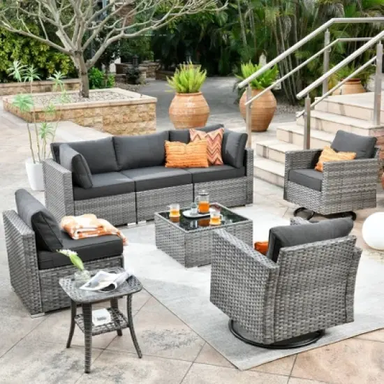 Ovios Venice 8pc Wicker Outdoor Patio Furniture Set Conversation Sofa Sectional with Swivel Chairs and Cushions image {15}