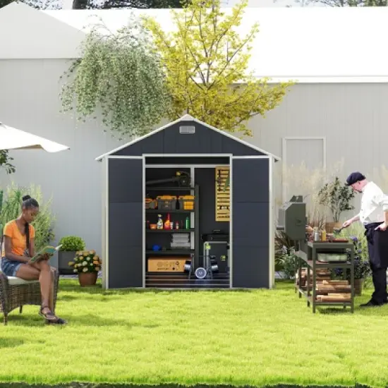 8*8ft resin storage shed, high quality pp material, strong structure, waterproof, rust and UV proof, large storage space,12mm thick pp board,Dark gray image {9}