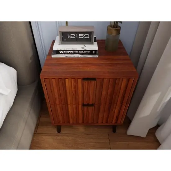 KWPZQEB Wooden Fluted Nightstand, 17.7" Wide Side Table with 2 Large Storage Drawers, Modern Night Stand for Living Room, Bedroom, Brown image {3}