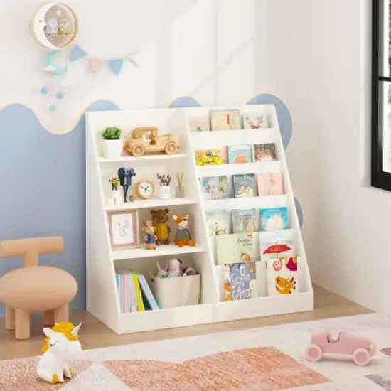 KWPZQEB Kids Bookshelf and Toy Storage Organizer, Multifunctional 6 Tier Wooden Bookcase with 4 Tier Toy Storage for Playroom, classroom, White image {2}