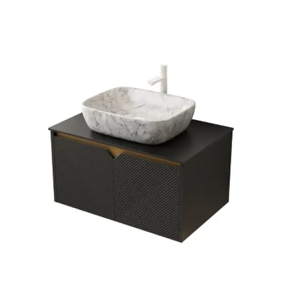 Bathroom Vanity&Sink, Floating Plywood Storage Cabinet,  Marble Pattern Ceramic Vessel Basin&Carrara White Sintered Stone Top image {7}