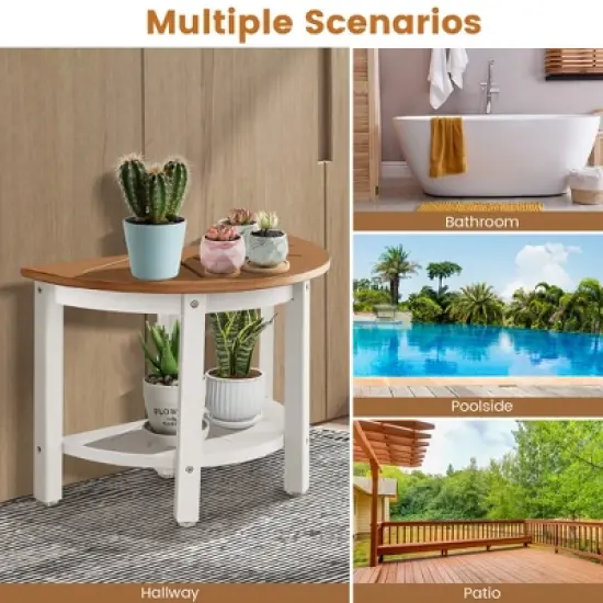 Costway Heavy Duty Waterproof HDPE Semicircular Shower Bench 2-Tier Bath Spa Bench Off White & Brown image {5}