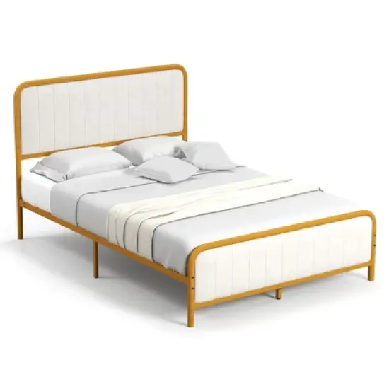 Costway Full Gold Metal Bed Frame Upholstered Platform Bed with Velvet Headboard image {9}