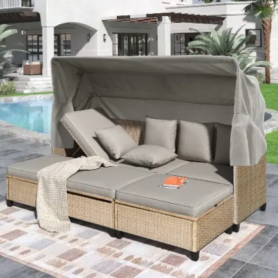 Sapphtopaz 4-Piece Wicker Outdoor Patio Sofa Set with Retractable Canopy, Modern Outdoor Sofa Set, Modular Sectional with Ottomans &  Lifting Table image {9}