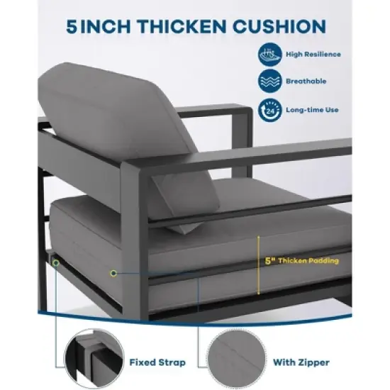 5 Seats Aluminum Patio Furniture Set, 4 PCS Outdoor Sectional Conversation Set with 4" Wide Armrest, Backyard Sectional Sofa Set with Coffee Table image {3}