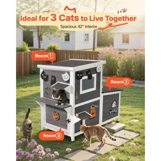 VEVOR Outdoor Cat House, 2-Story Wooden Cat Shelter for 3 Outside Cats in Winter, Elevated Feral Kitty Shelter with Stairs, White&Grey image {2}
