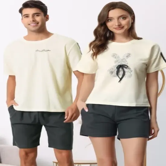 cheibear Men's Sleepwear Short Sleeve T-Shirt with Shorts Cute Print Couple Pajama Sets image {1}
